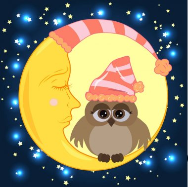 Uyuyan bir kap üzerinde hüzünlü gözleri ile bir tatlı karikatür baykuş uykulu Hilal yıldız ile bir gece gökyüzü arka planı oturur