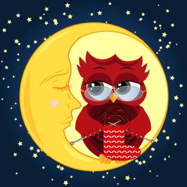 Güzel çizgi film, cilveli baykuş gözlük takan bir çorap tekerlek teli üzerinde dokuma kumaşlar ve uyuyordu Hilal yıldız ile gece gökyüzünün arka planı üzerinde oturur