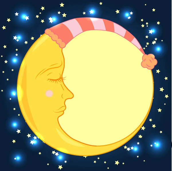 Volledige maand in een slapende cap met een gesloten oog in een blauwe nachtelijke hemel met sterren — Stockvector