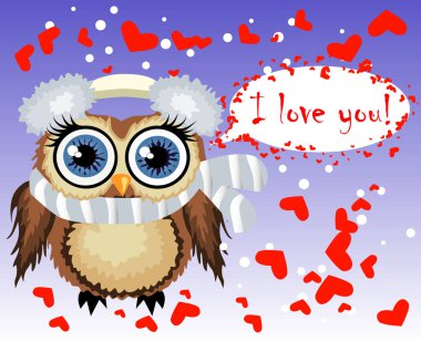 Kalpler tarafından çevrili güzel karikatür kahverengi baykuş seni seviyorum dedi. Hava, Saint Valentine, kartpostal seviyorum