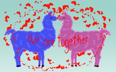 İki sevgili, Kalpler tarafından çevrili llamas öpüşme. Havada aşktır. Yazıt birlikteyiz, kartpostal, Sevgililer günü