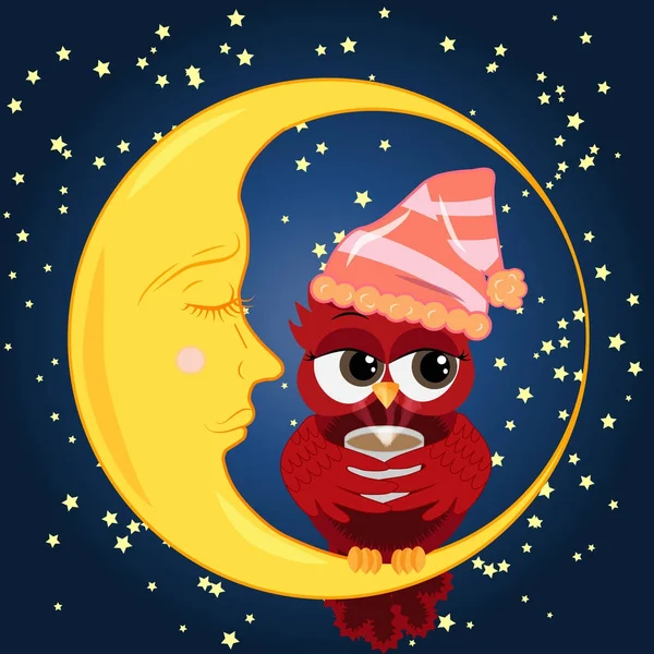 Cute cartoon owl coquettish red with a cup of coffee in the bell for sleep sitting dormant on the crescent against the night sky with stars — Stock Vector