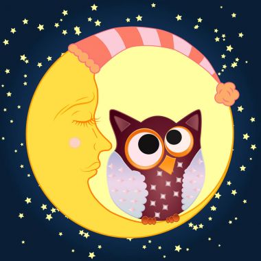 Uykulu Hilal yıldız ile bir gece gökyüzü arka planı uyuyan bir kap içinde uyuyan bir kap ortasında Kapalı gözlerle tatlı karikatür baykuş oturur...