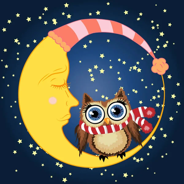 Uykulu Hilal yıldız ile gece gökyüzünün arka planı kırmızı bir fular bir güzel karikatür kahverengi baykuş oturur