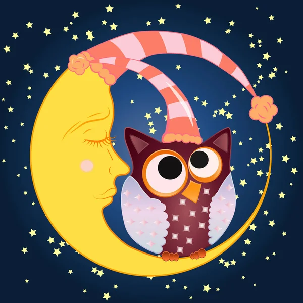 Eine süße Comic-Eule mit zur Mitte geschlossenen Augen in einer Schlafmütze sitzt auf einem schläfrigen Halbmond in einer Schlafmütze vor dem Hintergrund eines Nachthimmels mit Sternen — Stockvektor