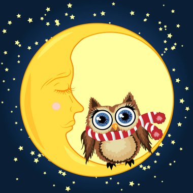 Uykulu Hilal yıldız ile gece gökyüzünün arka planı kırmızı bir fular bir güzel karikatür kahverengi baykuş oturur