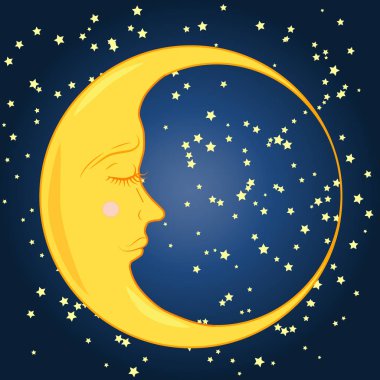 Genç bir uyuyan ay yıldız ile mavi gece gökyüzünde kapalı bir göz ile