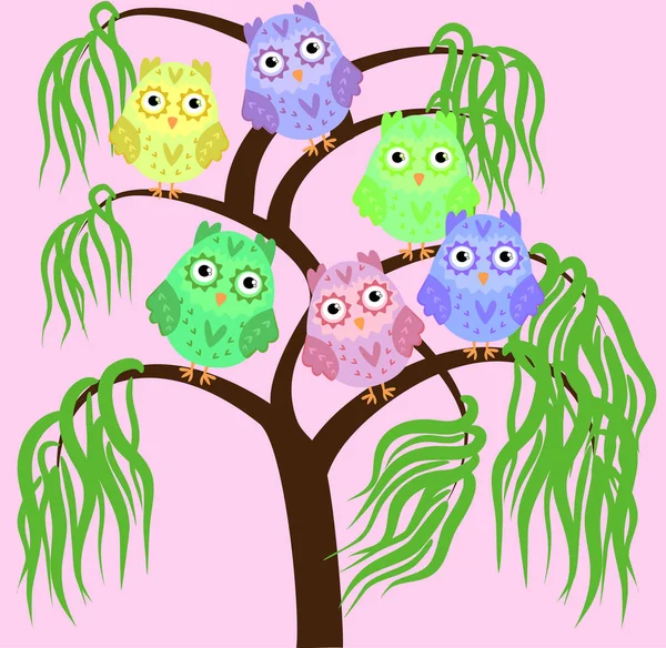 Chouettes de dessin animé mignon lumineux assis sur les branches florissantes d'arbres fantastiques — Image vectorielle