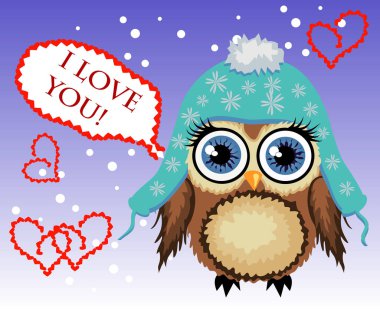 Kalpler tarafından çevrili güzel karikatür kahverengi baykuş seni seviyorum dedi. Hava, Saint Valentine, kartpostal seviyorum