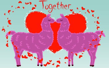 İki aşık kalpler tarafından çevrili llamas öpüşme. Havada aşktır. Yazıt birlikte daha az kalpleri, kartpostal, Sevgililer günü tarafından çevrili bir kırmızı kalp içinde