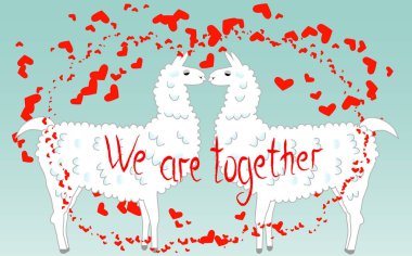 İki sevgili, Kalpler tarafından çevrili llamas öpüşme. Havada aşktır. Yazıt birlikteyiz, kartpostal, Sevgililer günü