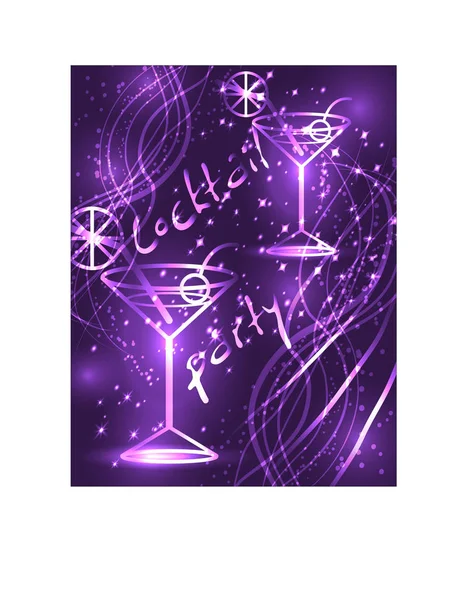 Golden outline of glasses with a cocktail on a pink background with stars and lights, disco, club, neon glow — Stock Vector