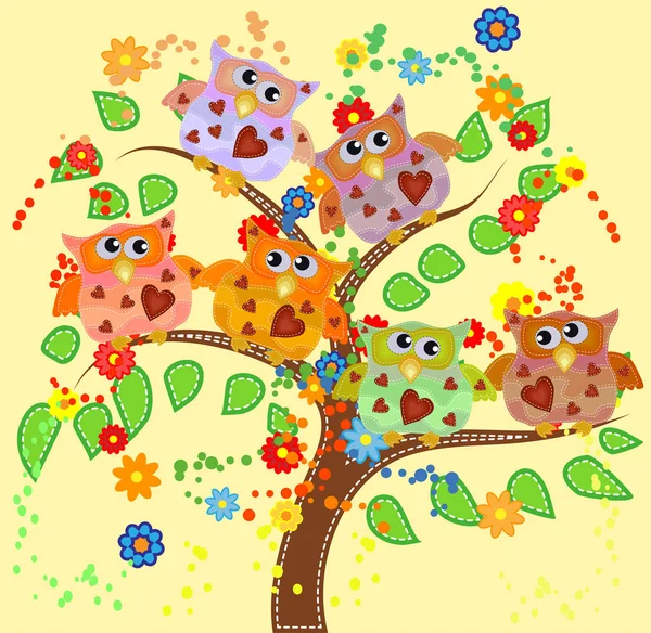 Luminoso carino gufi dei cartoni animati sedersi sui rami fioriti di alberi fantastici — Vettoriale Stock