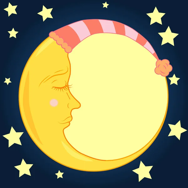 星と青い夜空に閉眼で眠っているキャップで完全な月 — ストックベクタ