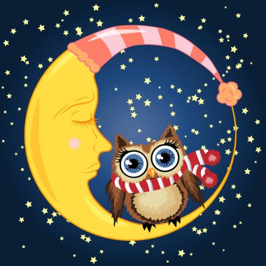Uykulu Hilal yıldız ile gece gökyüzünün arka planı kırmızı bir fular bir güzel karikatür kahverengi baykuş oturur