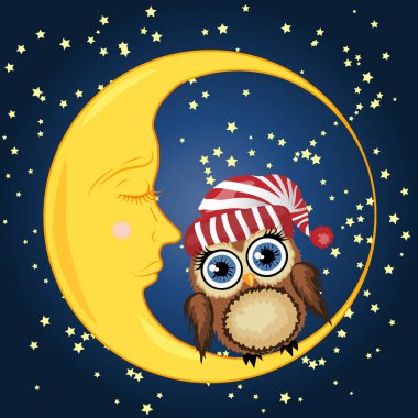 Uykulu Hilal yıldız ile gece gökyüzünün arka planı kırmızı şapkalı güzel karikatür kahverengi baykuş oturur