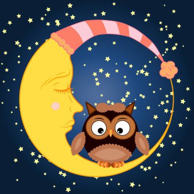 Bir yuvarlak uyuyan Hilal yıldız ile gece gökyüzünde oturan sevimli çizgi baykuş