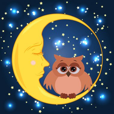 Uykulu Hilal yıldız ile gece gökyüzünün arka planı çok güzel çizgi film baykuş hüzünlü gözleri ile oturur