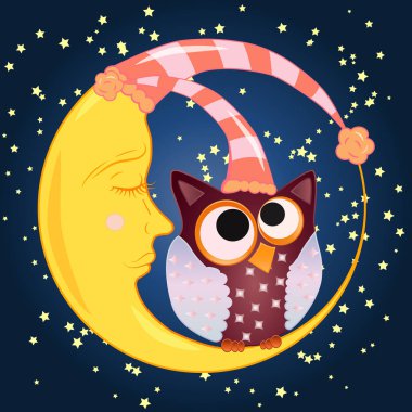 Uykulu Hilal yıldız ile bir gece gökyüzü arka planı uyuyan bir kap içinde uyuyan bir kap ortasında Kapalı gözlerle tatlı karikatür baykuş oturur