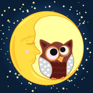 Bir tatlı karikatür baykuş gözleri orta için çizilmiş olan uykulu Hilal yıldız ile gece gökyüzünün arka planı oturur