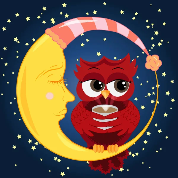 Cute cartoon owl coquettish red with a cup of coffee sitting dormant on the crescent against the night sky with stars — Stock Vector