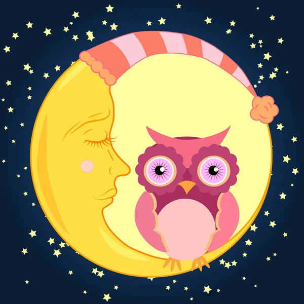 นกฮูกสีชมพูน่ารักนั่งบนดวงจันทร์จันทร์จันทร์จันทร์ในท้องฟ้ากลางคืนกับดาว — ภาพเวกเตอร์สต็อก