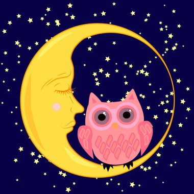 sevimli çizgi uyku baykuş Kapalı gözlerle çevrelerde uykulu Hilal yıldızlar arasında oturur