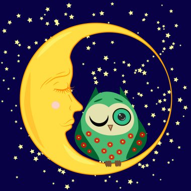 sevimli çizgi uyku baykuş Kapalı gözlerle çevrelerde uykulu Hilal yıldızlar arasında oturur