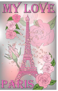 Vintage Fransa afiş tasarımı. Eyfel Kulesi ve gül ile vektör romantik arka plan