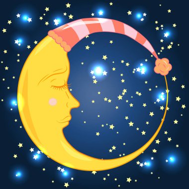 Uyuyan bir kap genç bir ayda bir mavi gece gökyüzünde yıldızlar ile kapalı bir göz ile