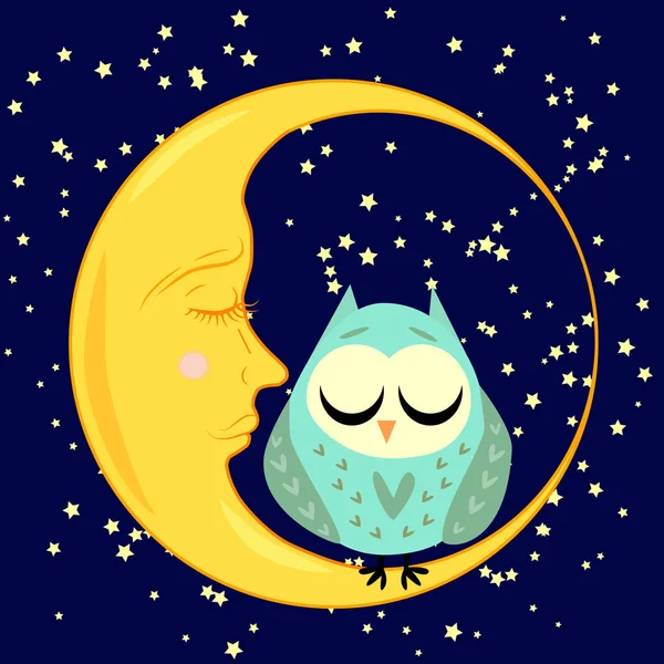 Lindo caricatura durmiendo búho en corazones con los ojos cerrados se sienta en una media luna somnolienta entre las estrellas — Vector de stock