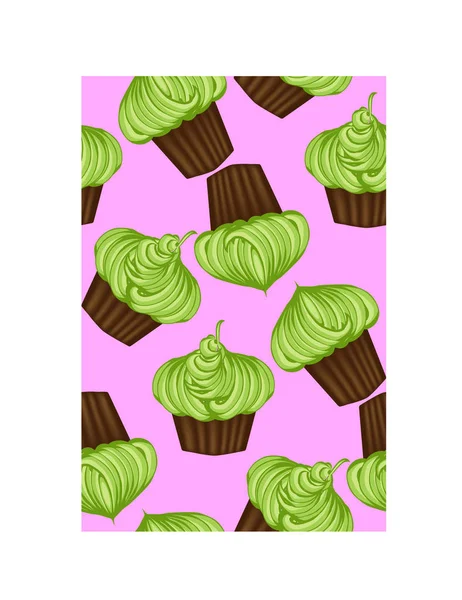 緑のクリームとミントの香りで食欲をそそるカップケーキのシームレス パターン — ストックベクタ