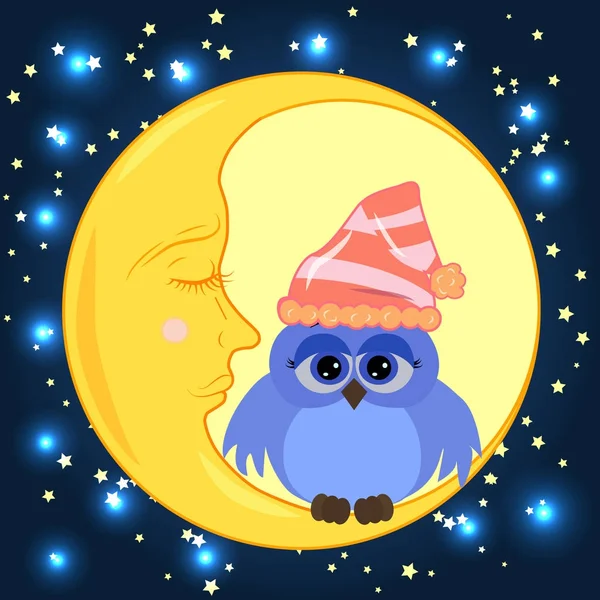 Un dulce búho de dibujos animados con ojos tristes sobre una gorra dormida se sienta en una luna creciente somnolienta sobre el fondo de un cielo nocturno con estrellas — Vector de stock
