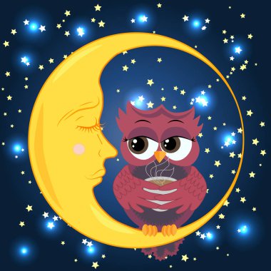 Sevimli çizgi baykuş cilveli Hilal uyuyan yıldız ile gece gökyüzünde oturup kahve ile