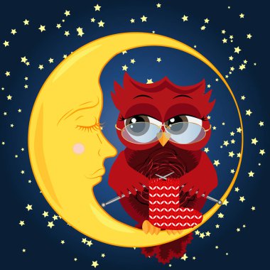 Güzel çizgi film, cilveli baykuş gözlük takan bir çorap tekerlek teli üzerinde dokuma kumaşlar ve uyuyordu Hilal yıldız ile gece gökyüzünün arka planı üzerinde oturur