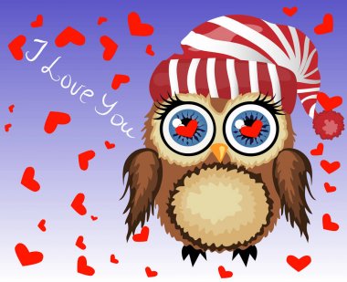 Kalpler tarafından çevrili güzel karikatür kahverengi baykuş seni seviyorum dedi. Hava, Saint Valentine, kartpostal seviyorum