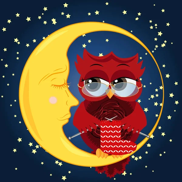Güzel çizgi film, cilveli baykuş gözlük takan bir çorap tekerlek teli üzerinde dokuma kumaşlar ve uyuyordu Hilal yıldız ile gece gökyüzünün arka planı üzerinde oturur