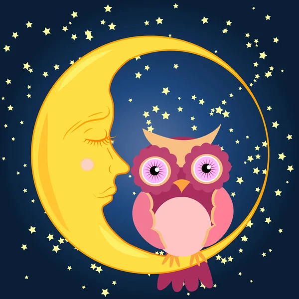 Sevimli çizgi film pembe baykuş uyuklayan hilal ayının üzerinde oturuyor yıldızlarla dolu gece gökyüzünde