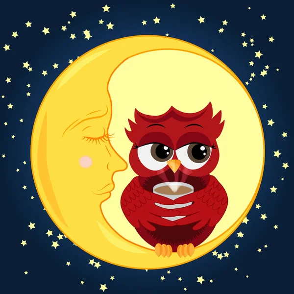 Bir fincan kahve oturma Hilal yıldız ile gece gökyüzüne karşı üzerinde uyuyan sevimli çizgi baykuş cilveli kırmızı