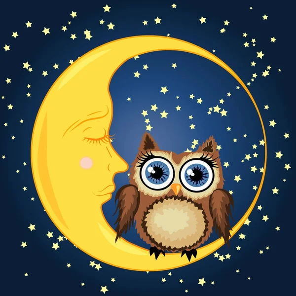 Cute cartoon brown owl sits on the slumbering crescent moon in the night sky with stars — Stock Vector