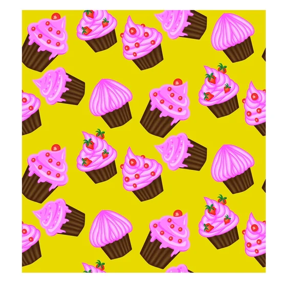 Padrão sem costura de cupcakes apetitosos com creme rosa — Vetor de Stock