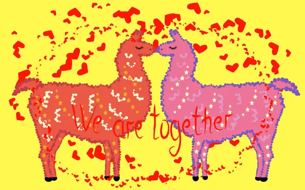 İki sevgili, Kalpler tarafından çevrili llamas öpüşme. Havada aşktır. Yazıt birlikteyiz, kartpostal, Sevgililer günü