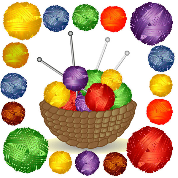 Basket with multi-colored tangles in a square Frame of multi-colored balls of wool