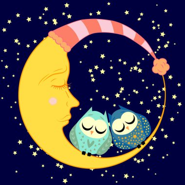 sevimli çizgi uyku baykuş Kapalı gözlerle çevrelerde uykulu Hilal yıldızlar arasında oturur
