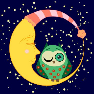sevimli çizgi uyku baykuş Kapalı gözlerle çevrelerde uykulu Hilal yıldızlar arasında oturur