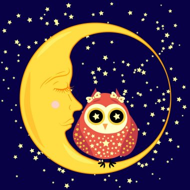 sevimli çizgi uyku baykuş Kapalı gözlerle çevrelerde uykulu Hilal yıldızlar arasında oturur