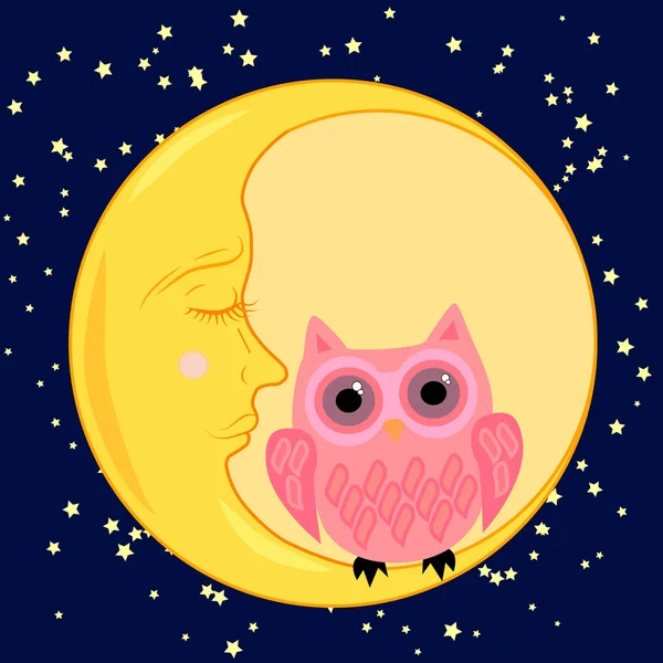 Cute cartoon sleeping owl in circles with closed eyes sits on a drowsy crescent among the stars — Stock Vector