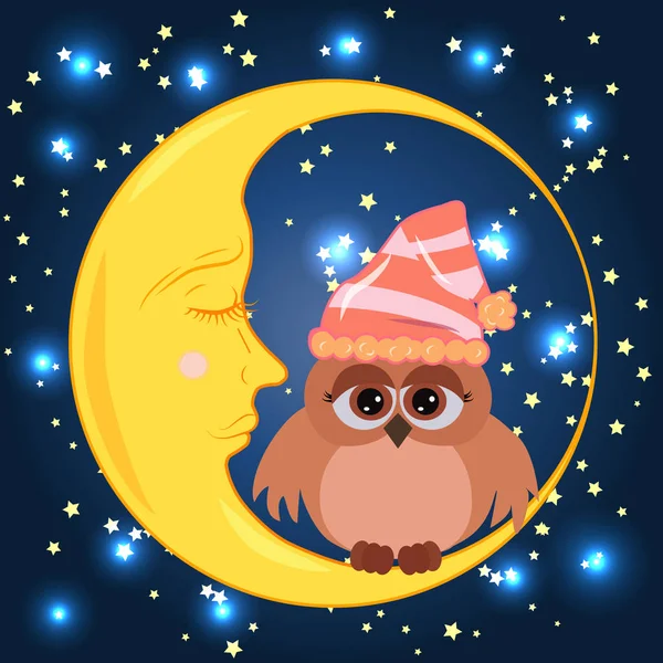 Eine süße Cartoon-Eule mit traurigen Augen auf einer Schlafmütze sitzt auf einer schläfrigen Mondsichel vor dem Hintergrund eines Sternenhimmels — Stockvektor