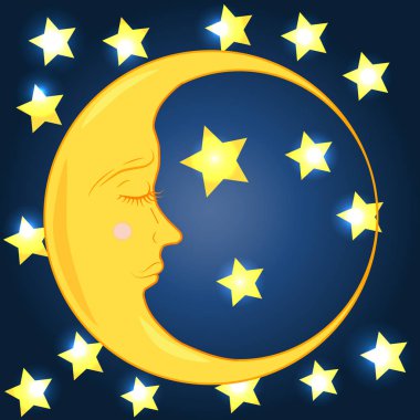 Tam ay yıldız ile mavi gece gökyüzünde kapalı bir göz ile