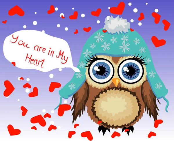Schöne Karikatur braune Eule von Herzen umgeben sagt, dass Sie in meinem Herzen sind. Liebe in der Luft, Valentinstag, Postkarte — Stockvektor